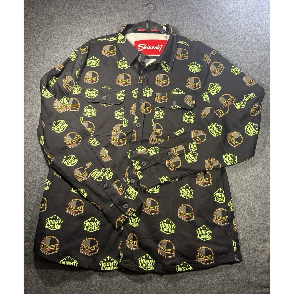 Shinesty‎ Night Castle Burger Print Long Sleeve Button Down Shirt Large NWT
